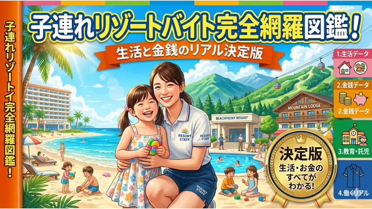 リゾートバイトに子連れで参加する笑顔の親子と、ビーチやホテルの風景を描いた「子連れリゾートバイト完全網羅図鑑」のアイキャッチ画像