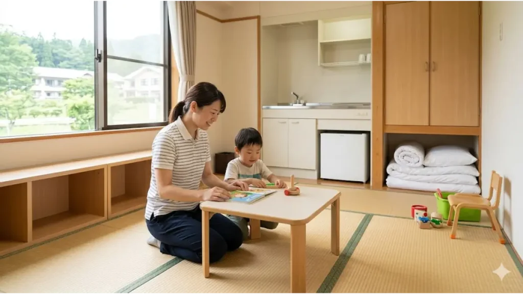 リゾートバイトの清潔な家族寮で、子連れの母親と子供が畳の部屋で一緒にくつろぎながら遊ぶ室内風景