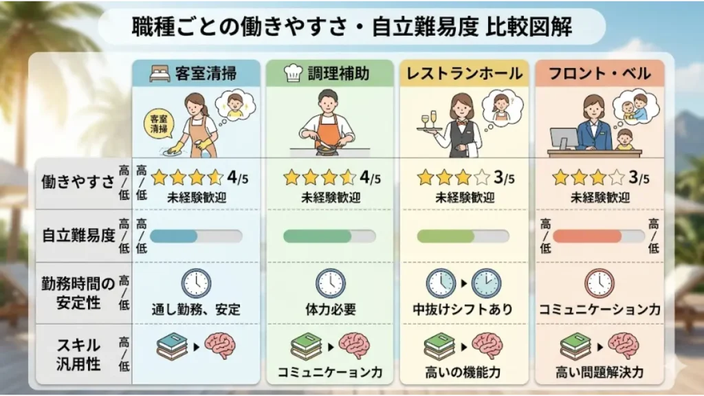 リゾートバイトに子連れで参加する際の職種選びとして、客室清掃、調理補助、レストランホール、フロント・ベルの働きやすさや自立難易度、勤務時間の安定性を比較した図解