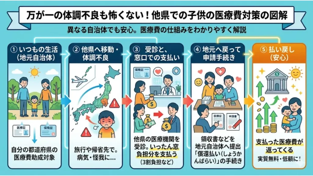 リゾートバイトに子連れで参加した際、他県で子供が体調不良になった場合の医療費対策として、窓口での一時支払いから地元自治体への申請、払い戻し(償還払い)までの流れを5つのステップで解説した図解