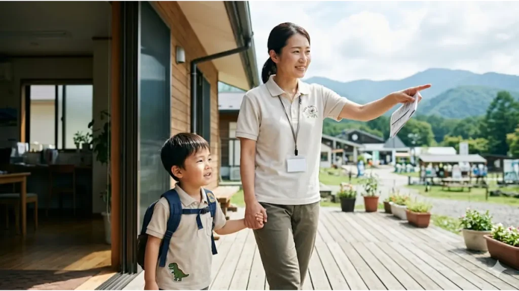リゾートバイトに子連れで参加し、新しい生活へ向けて一歩を踏み出すために、自然豊かなリゾート地の施設の前で笑顔で手を繋ぎながら未来を指差す母親と子供の様子