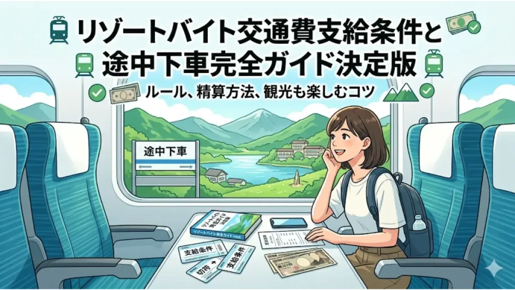 リゾートバイトの交通費支給条件や途中下車のルールを分かりやすく解説したイラスト。電車の座席に座る女性と、手元にある切符や支給条件の書類、窓の外の景色が描かれたアイキャッチ画像。