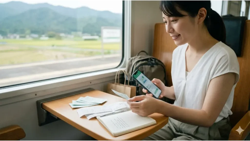 リゾートバイトの交通費支給条件や途中下車の重要ポイントをノートとスマートフォンで整理し、笑顔で電車移動する女性スタッフのまとめ画像。