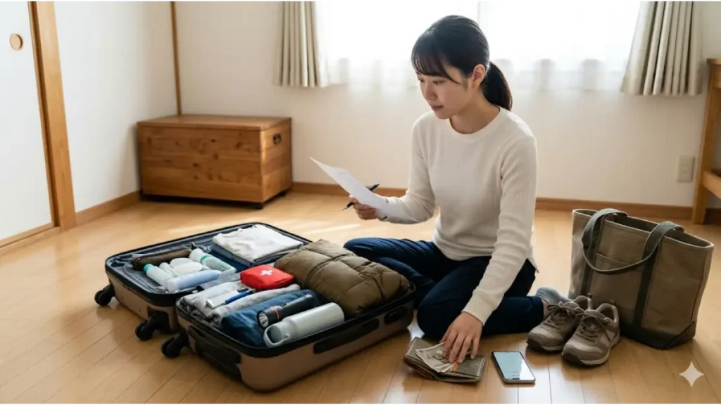 リゾートバイト出発前の誠実な日本人女性。自然光が差し込む清潔な部屋で、広げたバックパックとスーツケースの中の「リアルな持ち物」をチェックリストと照らし合わせて確認している。カバンの横には初期費用が入った財布とメモが置かれ、準備万端の様子が伝わるフォトリアルな写真。