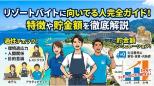 リゾートバイトに向いてる人の適性チェックや貯金額シミュレーションをまとめた完全ガイドのアイキャッチ画像です。綺麗な海とリゾートホテルを背景に、笑顔で働くスタッフや職種別のイラストが描かれています。