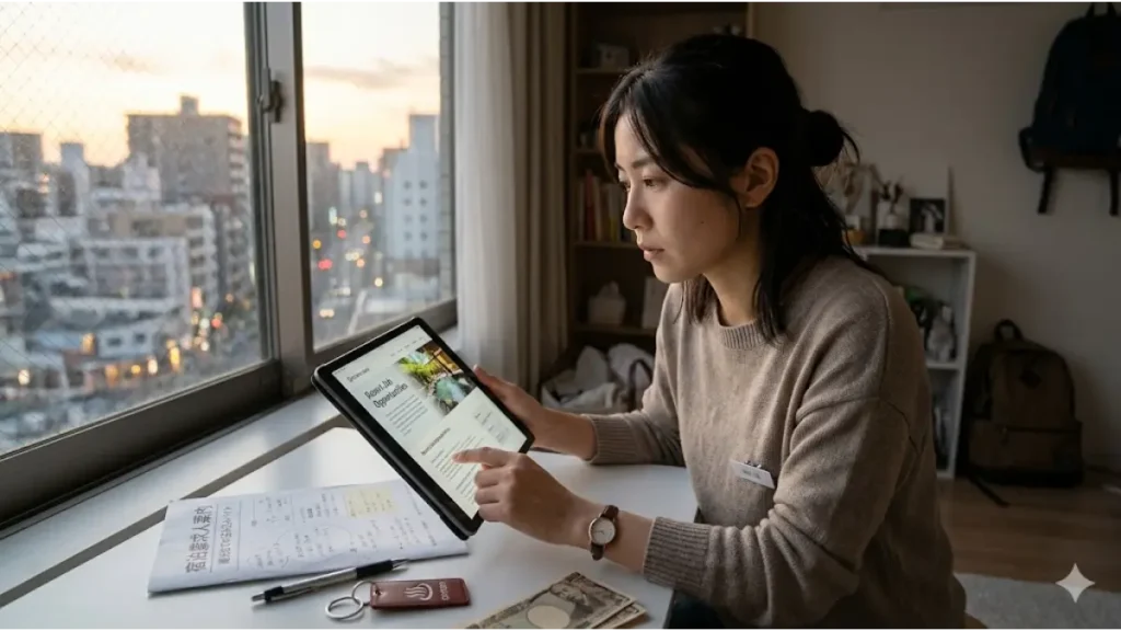 リゾートバイトに向いてる人かどうか、自宅の部屋でタブレットや求人資料を見つめながら真剣に悩む日本人女性の画像です。窓の外には夕暮れの街並みが広がり、新しい生活への不安と期待が入り混じったリアルな表情を捉えています。