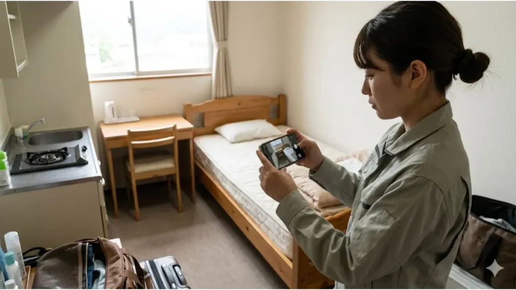 リゾートバイトに向いてる人がハズレの部屋を回避するために、事前に提供された寮の部屋(ワンルーム個室)の環境をスマートフォンで確認・チェックしている日本人女性の画像です。ベッドやデスク、ミニキッチンが配置されたリアルな生活空間を捉えています。