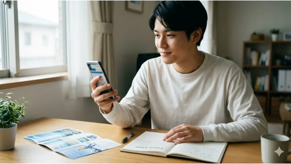 誠実な表情でスマートフォンを見つめる日本人青年。窓辺のデスクで、リゾートバイト求人情報を探し、最初の一歩を踏み出す瞬間を描写。デスクにはノートやパンフレット。自然光による清潔なフォトリアル画像。