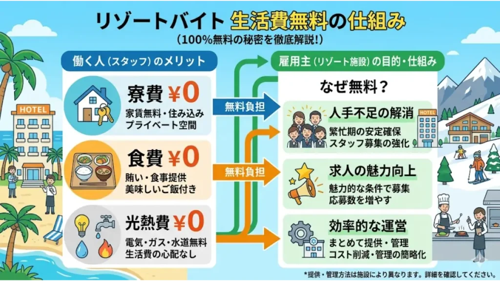 リゾートバイトに向いてる人が把握しておくべき、生活費(寮費・食費・光熱費)がすべて無料になる仕組みを分かりやすく解説した図解インフォグラフィックです。スタッフ側のメリットと、雇用主(リゾート施設)側が無料で提供できる理由が対比して描かれています。
