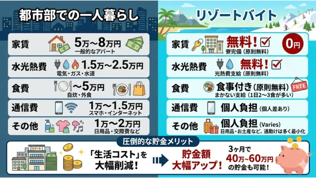 都市部での一人暮らしとリゾートバイトのコスト構造を比較した図解。家賃、水光熱費、食費が原則無料になるメリットを示し、リゾートバイトのレストランホール（髪色自由）の求人で働くことで、生活コストを大幅に削減して3ヶ月で40万〜60万円の貯金が可能になる仕組みを解説したイラスト。