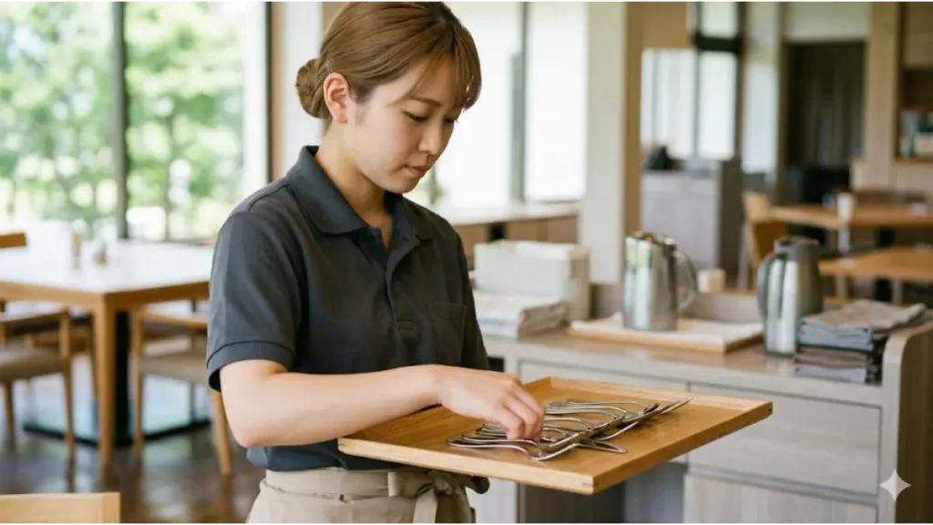 リゾートバイトのレストランホール（髪色自由）の求人で採用された明るい茶髪の日本人女性スタッフが、身だしなみの規定に従い、ネイルやピアスを外した清潔な手元でカトラリーをトレイに並べているリアルな作業風景。