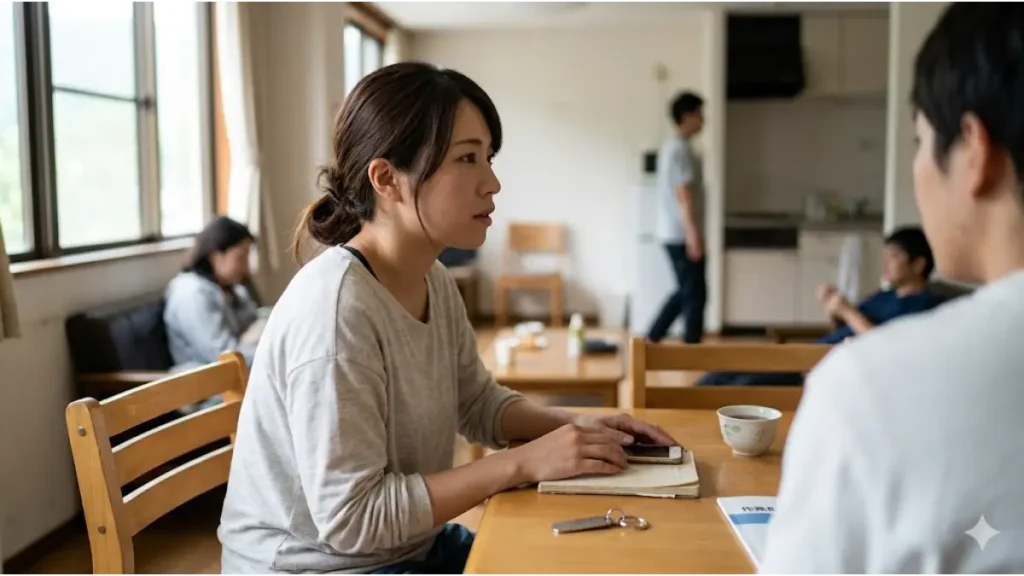 リゾートバイトのレストランホール（髪色自由）の求人を実際に経験した日本人女性スタッフが、寮の共有スペースでメリットやデメリットなどのリアルな一次情報の体験談を語り合っている様子。