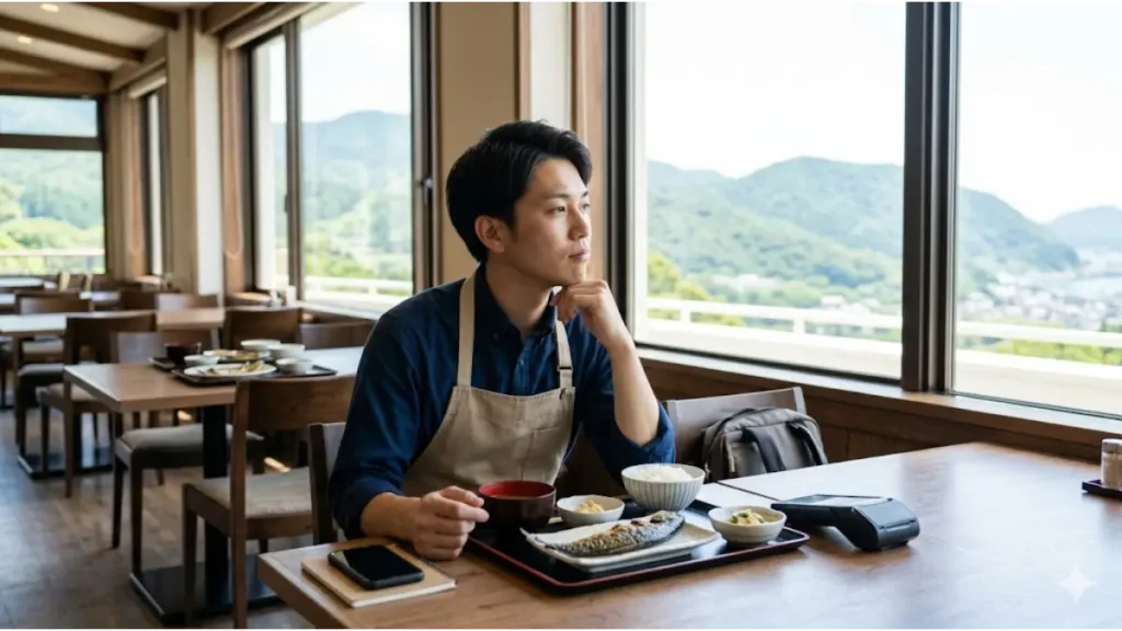リゾートバイトのレストランホール（髪色自由）の求人で働く日本人男性スタッフが、勤務の合間の「中抜けシフト」の休憩時間に、窓辺でまかないを食べながら一息ついているリアルな労働環境の様子。
