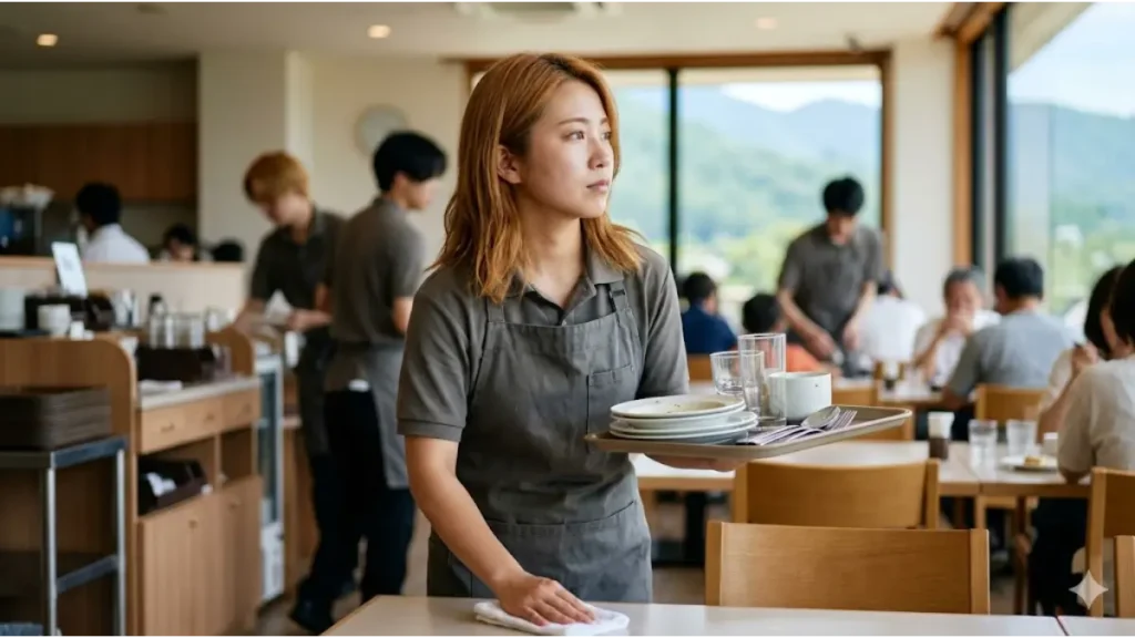 リゾートバイトのレストランホールで髪色自由の求人から採用された明るい茶髪の日本人女性スタッフが、下げ膳のトレイを持ちながら少し不安そうな表情でテーブルを拭いているリアルな就労現場の様子。