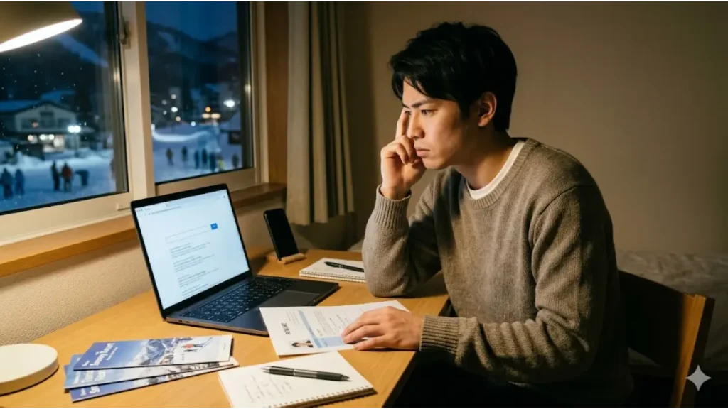夜の室内でノートパソコンと履歴書を前に、真剣な表情で悩む日本の若い男性。リゾートバイトの履歴書の書き方や志望動機に葛藤する求職者の心理を表したイメージ画像