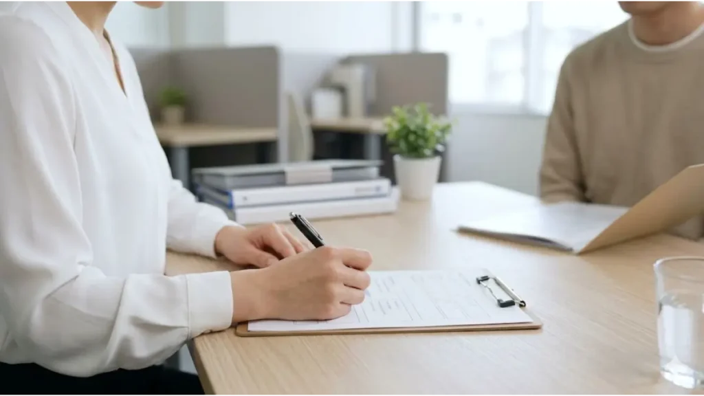 明るい面談ブースで、派遣会社の担当者がクリップボードの書類に記入している手元と、向かいに座る求職者の様子。リゾートバイトの履歴書の書き方や志望動機を確認する登録面談のイメージ画像