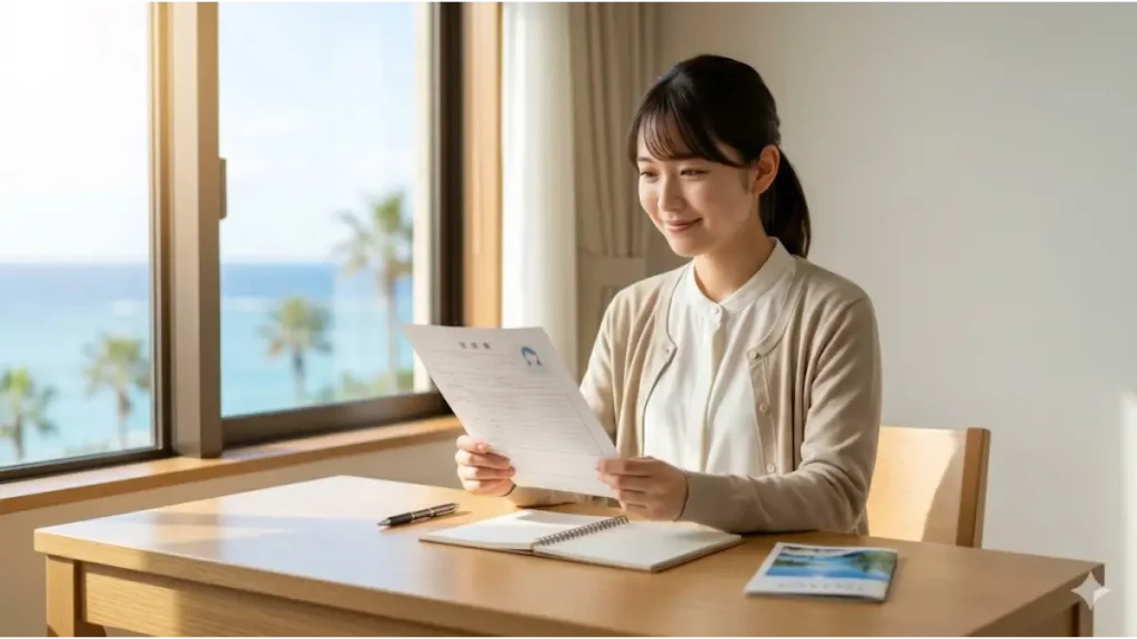 完成したリゾートバイトの履歴書を手に、窓から海辺の景色を眺めながら誠実な笑顔を見せる日本人女性。清潔感のある整理されたデスク。自然光のフォトリアルな画像。