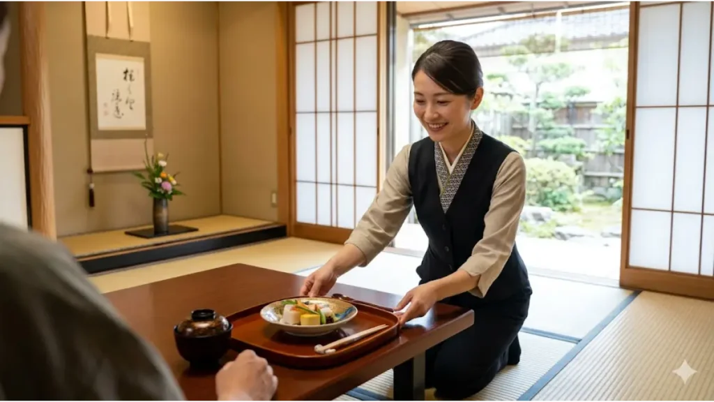 リゾートバイトの旅館で和モダンな洋装制服を着た誠実な日本人仲居が、畳の客室で担当のお客様に会席料理を丁寧にお出しする、深いおもてなしのリアルな現場。