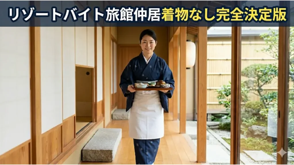 リゾートバイトで「着物なし」で働ける旅館仲居の完全決定版アイキャッチ画像。和廊下で二部式着物を着た30代日本人女性仲居が、誠実な笑顔でお膳を持ち配膳している様子。タイトル文字あり。