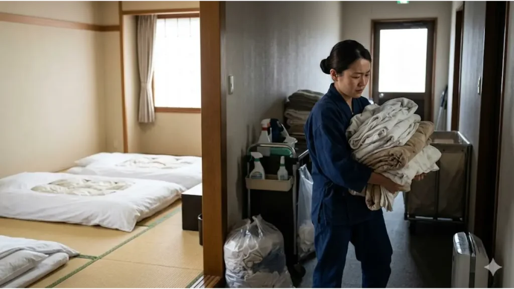 リゾートバイトの旅館で「着物なし」の仲居(作務衣)が、きれいに布団が敷かれた客室の横で、重いリネンの束を抱えて力仕事を兼任させられている、泥臭い現場のリアルの様子