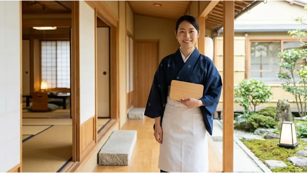 リゾートバイトの旅館で着物なし(二部式着物)の服装で働く誠実な日本人女性仲居が、和風旅館の廊下で笑顔で案内板を持っている、まとめセクションを象徴するイメージ画像