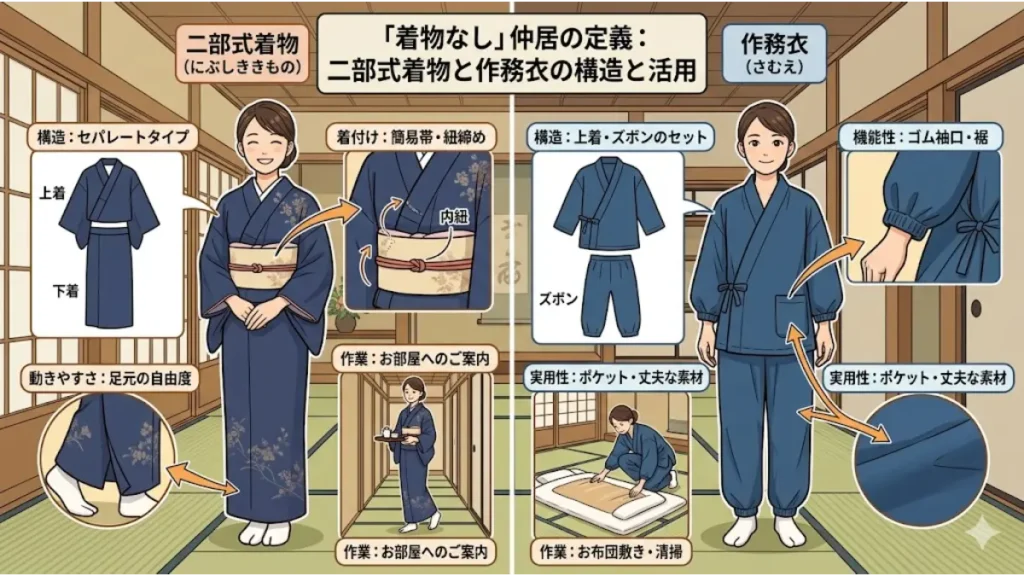 リゾートバイトの旅館で着物なしの仲居が着用する二部式着物と作務衣の構造の違いや、客室案内やお布団敷きといった実際の作業の様子を説明する解説図
