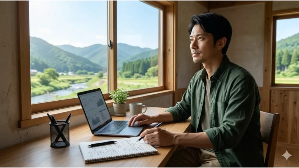 年齢の壁を感じる30代の働く日本人が、地方移住やお試し移住を通じて、将来の生活立て直しや新しいキャリアパスを計画する誠実な様子。窓の外の自然豊かな風景を見つめるフォトリアルな画像。