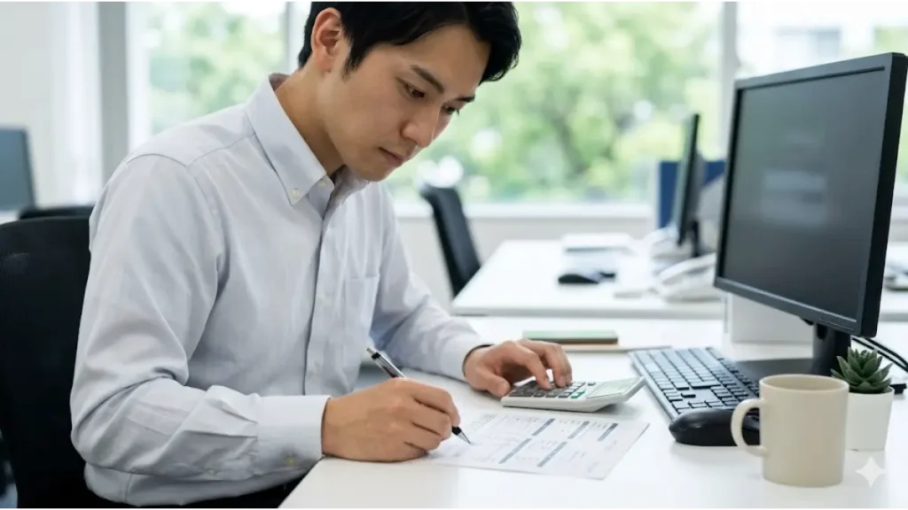 リゾートバイトの社会保険加入条件や扶養枠を考慮した、給与から天引きされる具体的な控除額の計算実例を、オフィスで電卓とペンを用いて真剣に算出・確認している日本人男性スタッフ。