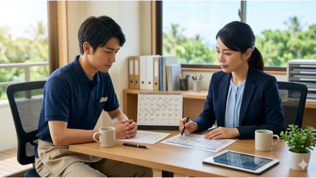 リゾートバイトの社会保険加入条件や扶養枠を維持するための実務設計として、オフィスのデスクで契約内容を慎重に確認する日本人スタッフの誠実な就労風景。