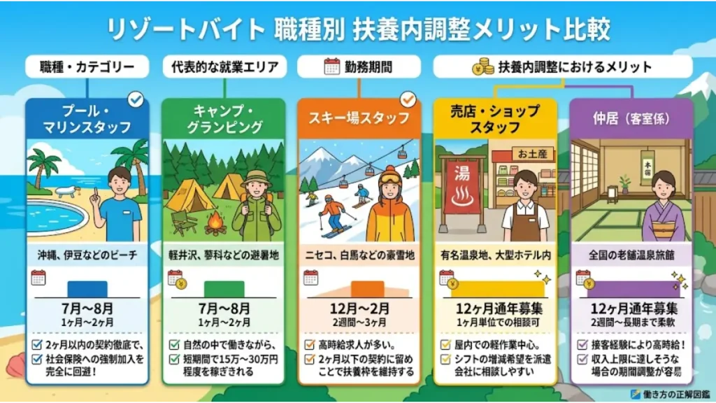 リゾートバイトの社会保険加入条件や扶養内勤務の調整メリットを、プール・マリン、キャンプ、スキー場、売店、仲居の5つの職種・カテゴリー別に勤務期間やエリアとともに比較した解説イラスト。