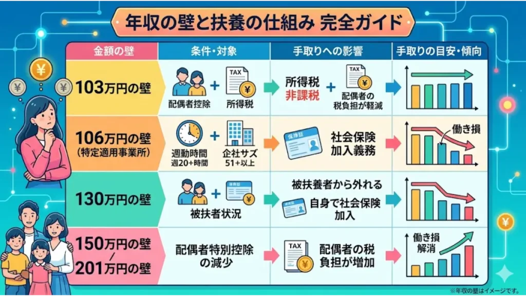 リゾートバイトの社会保険加入条件や扶養内勤務に関わる「年収の壁（103万円・106万円・130万円・150万円・201万円）」の条件、手取り額への影響と働き損ゾーンの傾向をわかりやすく整理した解説図解。