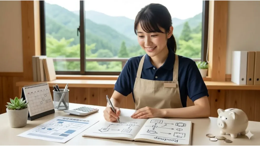 リゾートバイトの社会保険加入条件をマスターし、扶養内で賢く稼ぐための具体的なロードマップを整理する、誠実な表情の日本人旅館スタッフの就労風景。自然光の差し込む清潔なバックオフィスで、計画を立てる様子。