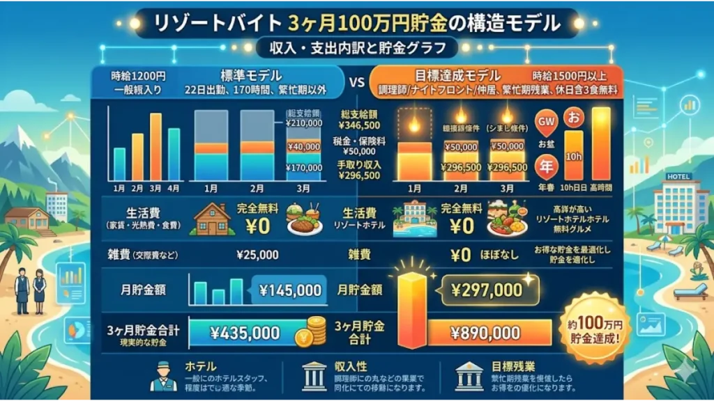リゾートバイトの社会保険加入条件や扶養内勤務を意識しつつ、3ヶ月で100万円の貯金を達成するための収入・支出の内訳（家賃や食費の無料化など）を標準モデルと比較して示した構造モデルのグラフ図解。