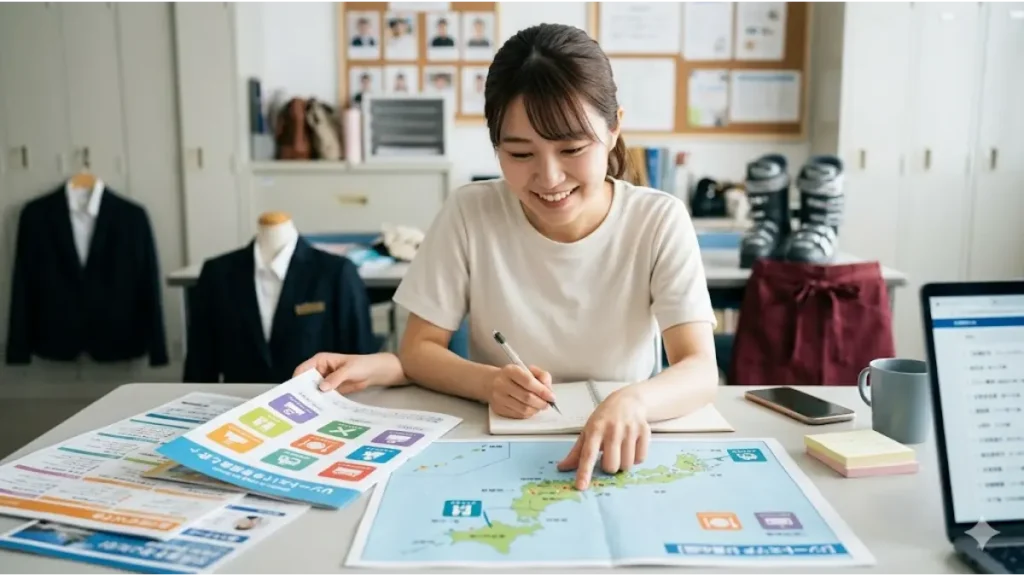 誠実な表情の日本人女性リゾートバイトスタッフが、スタッフルームのデスクで日本地図と求人パンフレットを真剣に比較検討している様子。手元には職種アイコンとエリア情報を戦略的に掛け合わせたリストやノート、ペンがあり、自分にぴったりの最適化戦略を練っている。背景にはフロントの制服、レストランのエプロン、スキーブーツなどが配置され、多様な選択肢と現場のリアルな雰囲気が伝わる、自然光でのフォトリアルな写真。文字、ロゴ、ウォーターマークはなし。