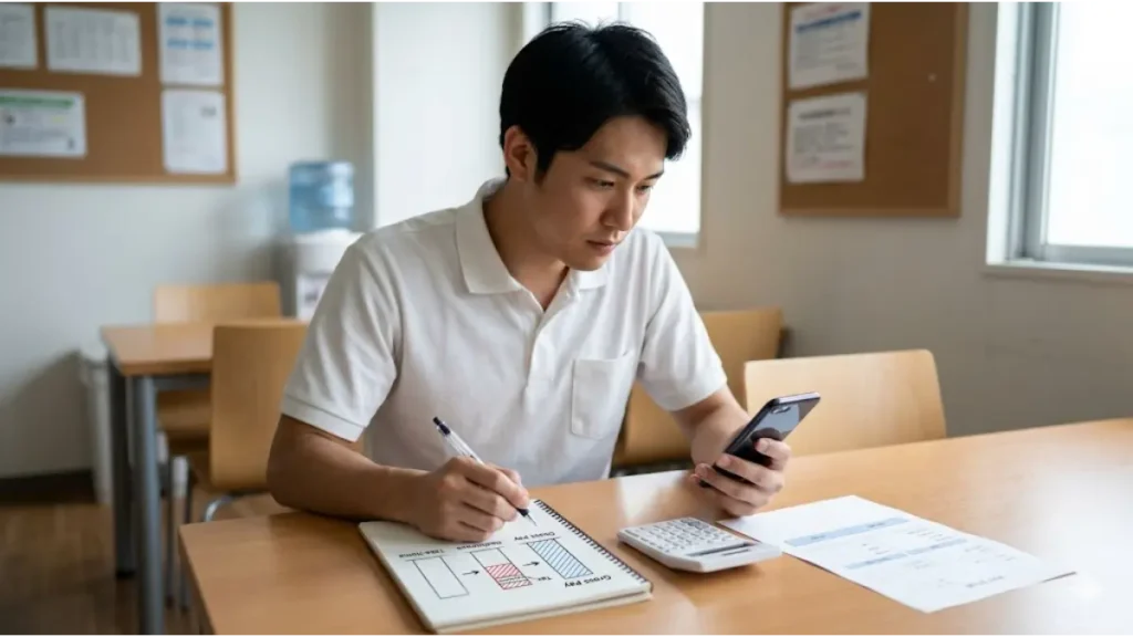 リゾートバイトのスタッフが休憩室で、スマートフォンや電卓、手帳を使って自身の月収モデルと手取りの税金控除シミュレーションを行っている様子。具体的な金額は写っていないが、真剣な表情と道具でリアルなプロセスを表現している、日本のプロカメラマンによる誠実な画像。
