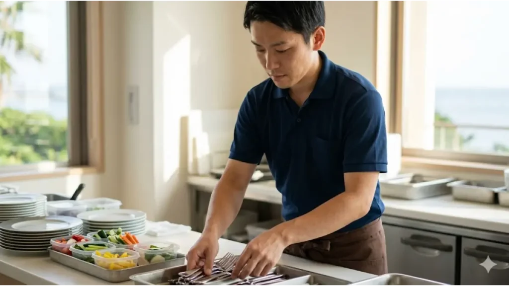 リゾートバイト先のホテルレストランで丁寧に従事する30代の日本人男性の写真。釣り趣味と仕事を両立させるライフスタイルや、30代からのキャリア形成・年齢構成のリアルを表現した画像