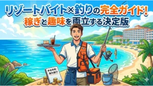 リゾートバイトと釣りを両立する男性のイラスト。南国の海とリゾートホテルを背景に、「リゾートバイト×釣りの完全ガイド!稼ぎと趣味を両立する決定版」の文字が入ったアイキャッチ画像