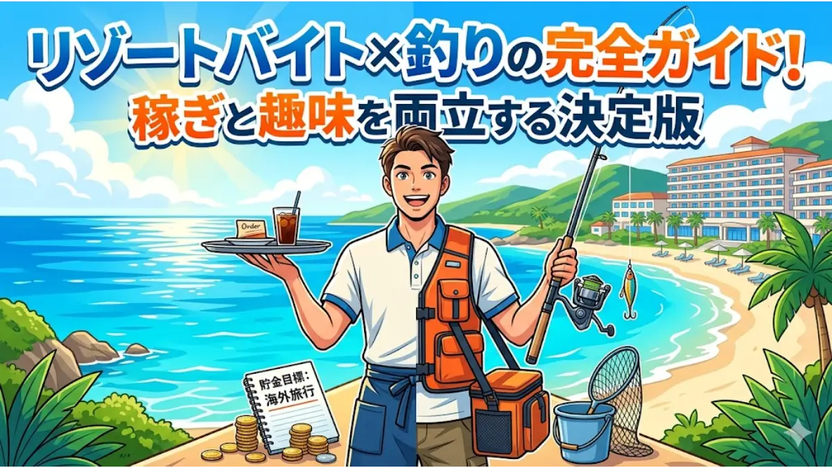 リゾートバイトと釣りを両立する男性のイラスト。南国の海とリゾートホテルを背景に、「リゾートバイト×釣りの完全ガイド!稼ぎと趣味を両立する決定版」の文字が入ったアイキャッチ画像