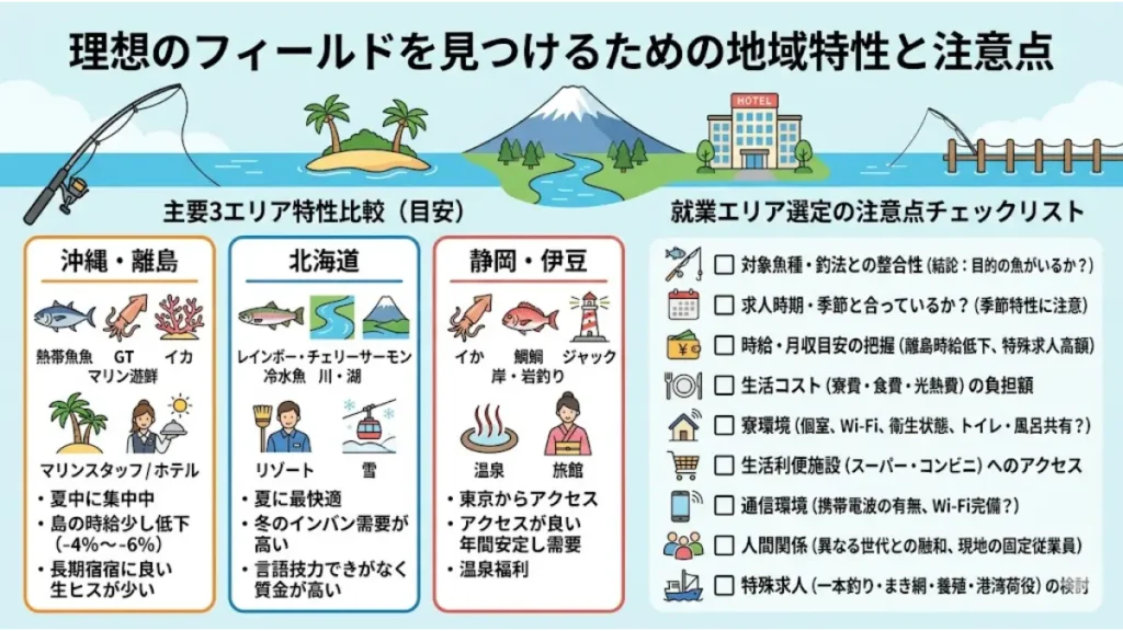 リゾートバイトの就業エリアと釣り場(フィールド)を選ぶための地域特性と注意点をまとめた図解。沖縄・北海道・伊豆の3大エリア比較や、寮環境・通信環境などのチェックリストを描いたリゾートバイトと釣りに関するインフォグラフィック画像