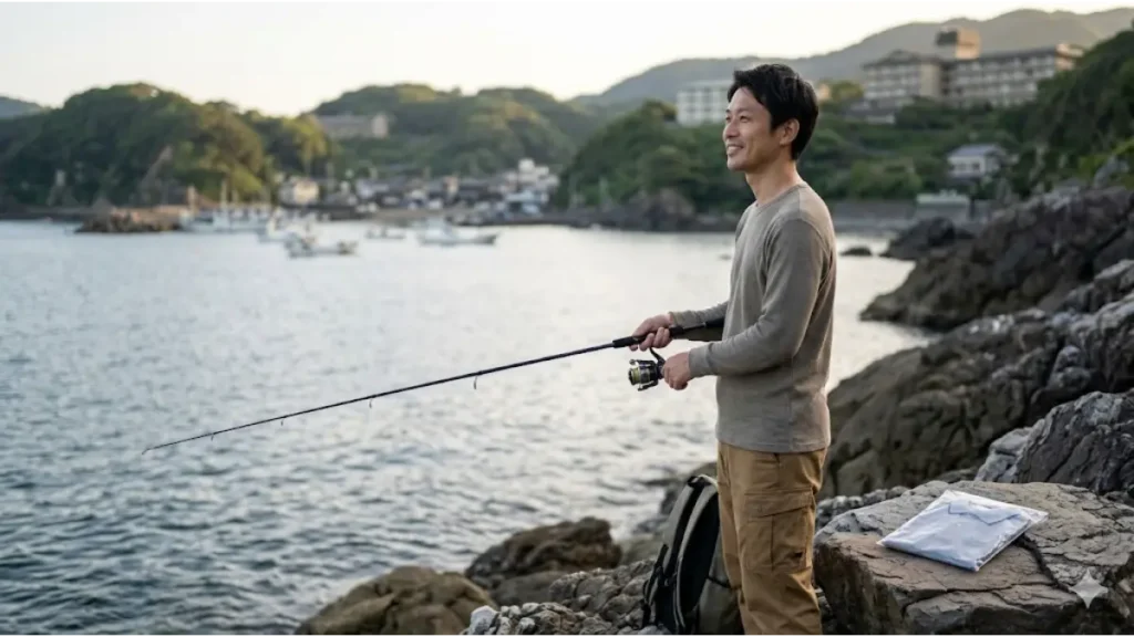 リゾートバイト先のホテルが見える海岸の磯で、笑顔で釣りを楽しむ日本人男性の写真。岩の上には仕事用の制服が置かれており、リゾートバイトと釣り趣味が融合した理想の生活を表現したまとめ用の画像