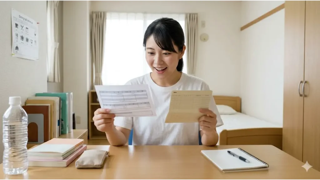 リゾートバイトの寮の部屋で、窓からの自然光の中、給与明細と通帳を見て驚きと喜びの表情を浮かべる日本人女性スタッフ。机の上には整理された私物があり、固定費無料によって驚くほどお金が貯まる様子を誠実に表現したフォトリアルな画像。