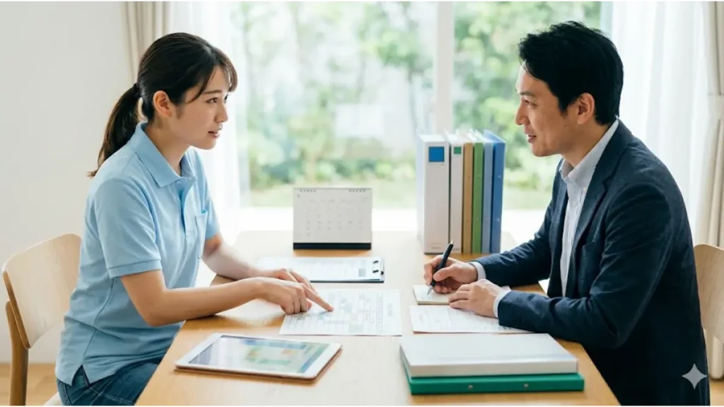 リゾートバイトの事前申請について、テーブルの上の書類を指さしてコーディネーター(派遣会社担当者)に誠実に説明する日本人労働者(20代女性)。メモを取りながら真剣に聞くコーディネーターの男性(30代)。清潔で整頓された相談スペースでの対話。日本の自然光フォトリアルスタイル、16:9。