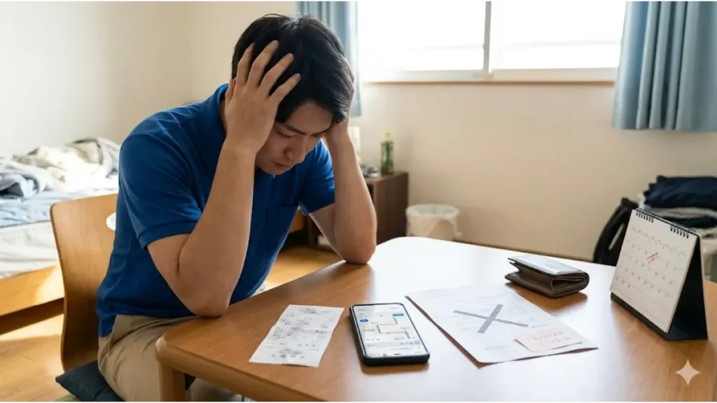 リゾートバイトのスタッフ寮で、契約満了後に交通費が不支給となった失敗事例(不鮮明な領収書、不適切な経路、申請遅れ)を象徴するアイテムを見て落胆する日本人労働者。