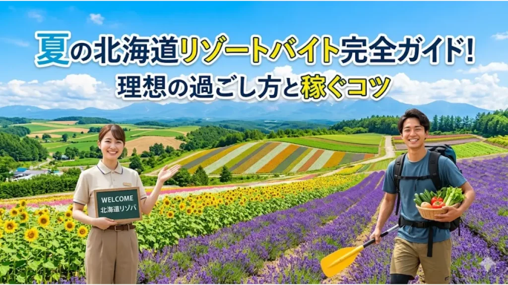 夏の北海道でリゾートバイトをするスタッフの笑顔と、ラベンダー畑での理想の過ごし方を表現したアイキャッチ画像