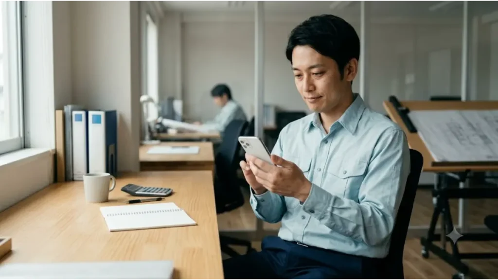 積算や建築の激しいプレッシャーから仕事を辞めたいと悩む技術者が、現状を変えるために明るいオフィスでスマートフォンを操作し、未来へ向けた新しい一歩（ネクストアクション）を踏み出す様子を描写した写真