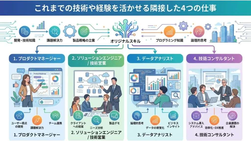 積算や建築の激しいプレッシャーから仕事を辞めたいと悩む技術者が、これまでのスキルや経験を活かしてキャリアチェンジできる隣接した4つの仕事（プロダクトマネージャー、ソリューションエンジニア、データアナリスト、技術コンサルタント）を可視化した解説図解
