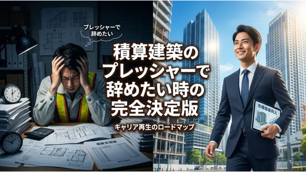 積算や建築の激しいプレッシャーから辞めたいと悩む作業着の男性と、転職に成功して明るい未来へキャリア再生を果たしたスーツ姿の男性の比較画像