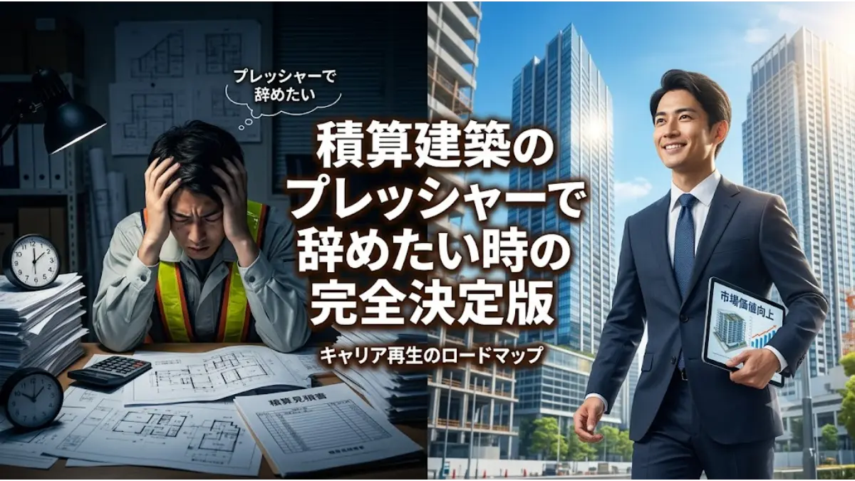 積算や建築の激しいプレッシャーから辞めたいと悩む作業着の男性と、転職に成功して明るい未来へキャリア再生を果たしたスーツ姿の男性の比較画像