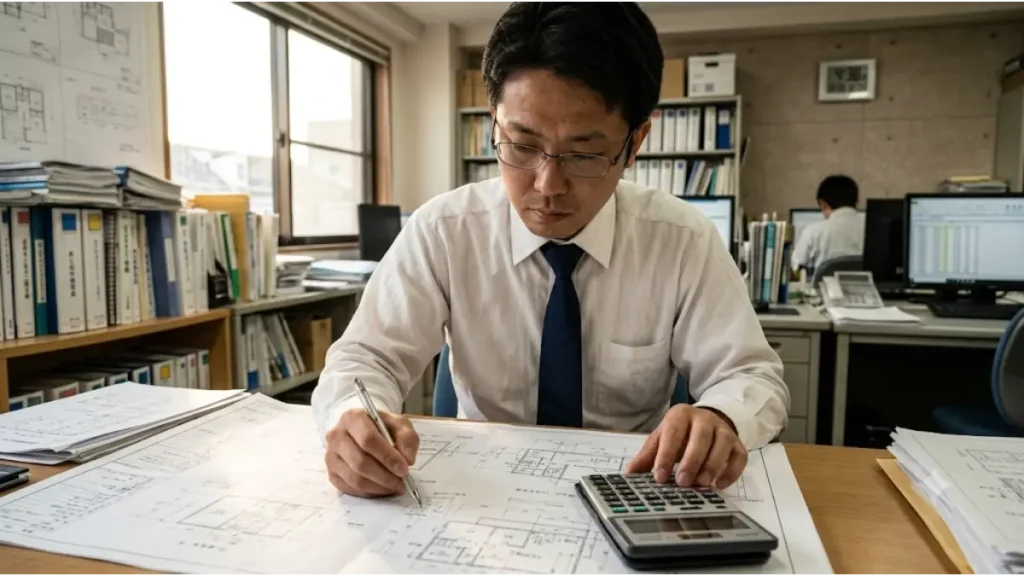 積算や建築のデスクワーク中、たった一度のミスも許されない重いプレッシャーに直面し、仕事を辞めたいと思い詰めるような表情で図面と電卓に向き合う日本人男性技術者
