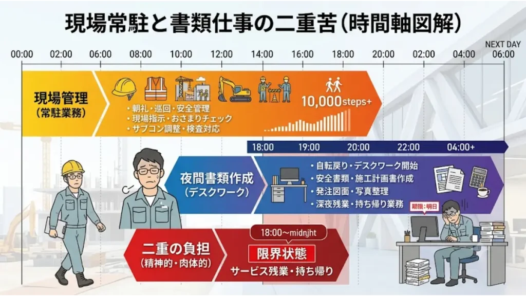 積算や建築の激しいプレッシャーから仕事を辞めたいと考える主因となる、日中の過酷な現場管理（常駐業務）と夜間の膨大な書類作成（デスクワーク）による二重の負担をわかりやすく可視化した時間軸の図解